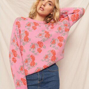 En Creme Rose Print Knit Sweater - Size Large